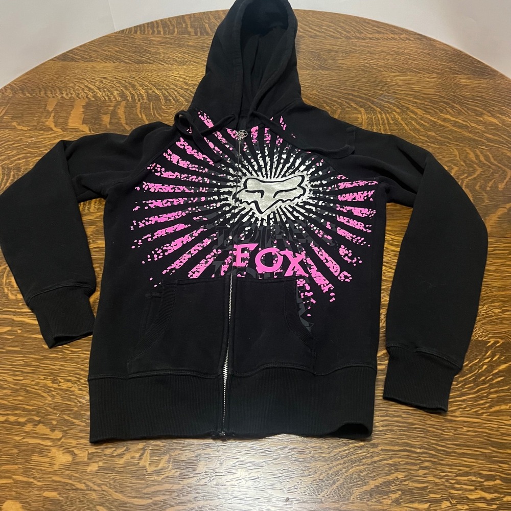 Fox Racing Zip Up Hoodie Womens Size M Black Pink Silver Graphic Logo Sweatshirt